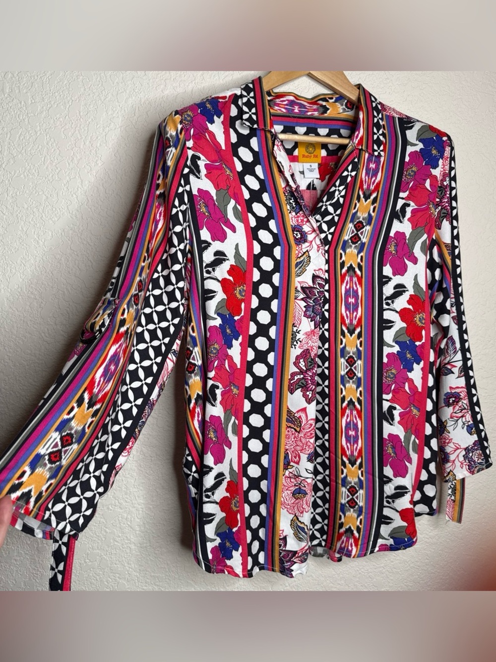 Ruby Rd. Multicolor Mixed Print Roll Tab Sleeve Blouse Size S Floral Bright Boho